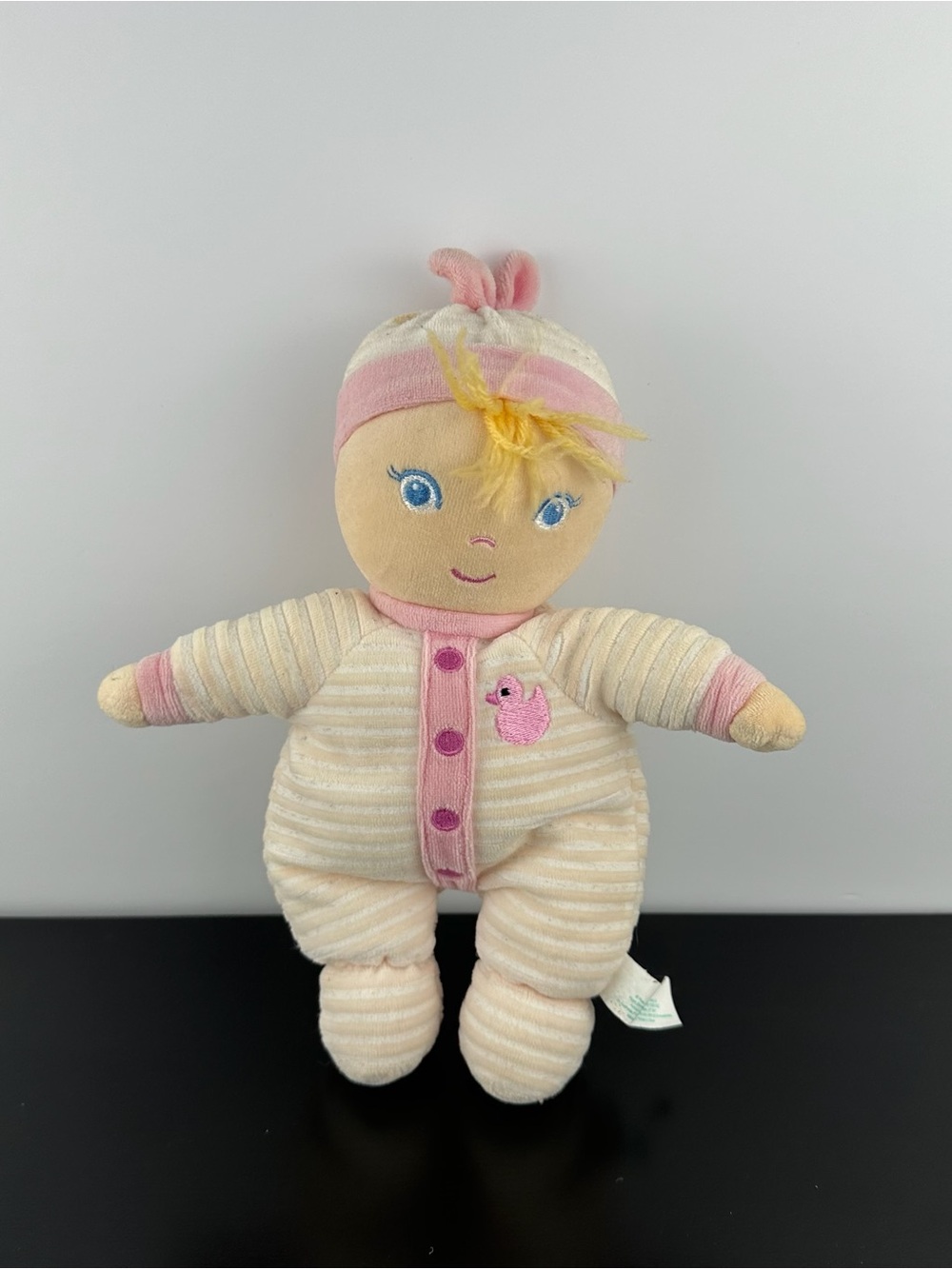 Russ Berrie Rare Polka Dot Baby Girl Doll 11” Plush Pink Duck Pyjamas Rattle